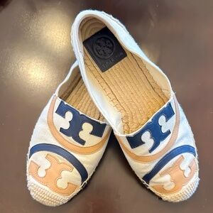 Tory Burch Canvas & Jute Espadrilles - Cream, Navy, Tan - sz 7 - Lightly Worn